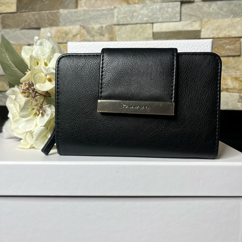 Tahari Black Wallet with Gold Hardware | RFID Lined | Sleek & Functional